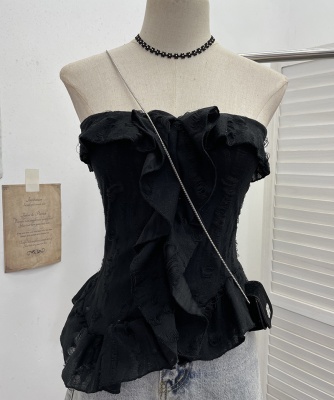 实拍 废土风抹胸做旧破洞不规则荷叶边背心千禧辣妹无袖上衣 9228