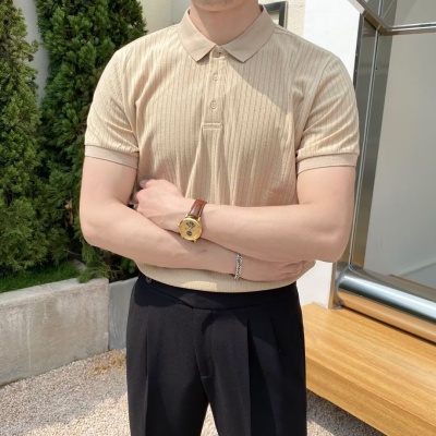 翻领polo衫男潮牌休闲夏季纹理感纯色韩版针织衫短袖t恤打底衫男