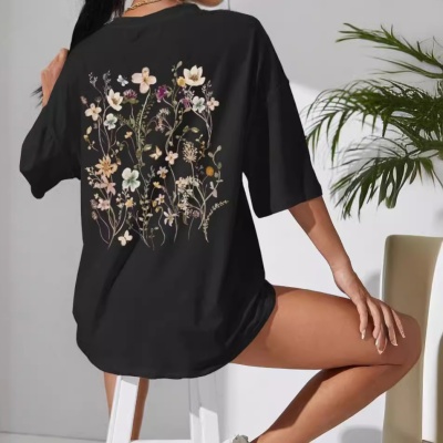 跨境外贸宽松棉T恤衫女清新卡通印花短袖透气短袖上衣宽松大码T