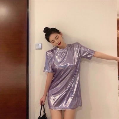 变色反光亮闪闪女装短袖T恤广场舞t恤宽松大码中长款闪光丝表演服