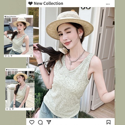 女华夫格微透宽肩带休闲背心夏季慵懒风外穿亚麻宽松v领内搭吊带