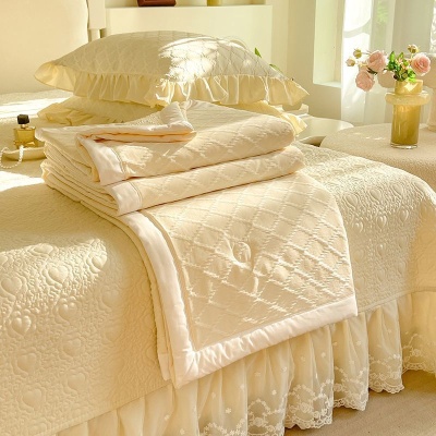 A类母婴级夏凉被夹棉床盖四件套可机洗三件套蕾丝花边空调薄被子
