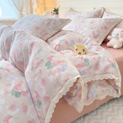 新品！全棉双层纱蕾丝花边款四件套A类母婴纯棉纱布学生宿舍三件