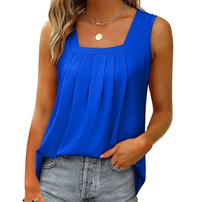 2025外贸爆款无袖方领背心t恤女纯色褶皱燕尾吊带时尚内搭上衣