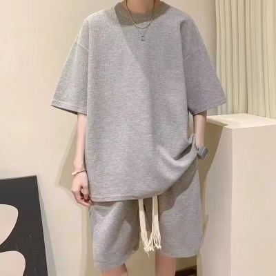 华夫格夏季套装男士潮牌宽松休闲运动短袖短裤青少年男装一套搭配