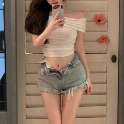 一字肩t恤修身显瘦紧身收腰短款上衣性感辣妹打底衫上衣外贸批发