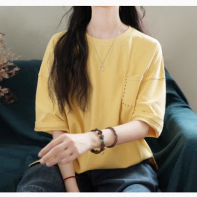 阳光口袋|手缝细节宽松休闲圆领T恤25夏季新款短袖上衣女装