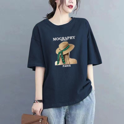 高档舒适女士t恤中长款短袖T恤100%纯棉夏季通勤百搭大码洋气上衣