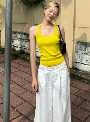 卡逸黛修身柠檬黄挂脖吊带背心女少女可爱显白显瘦上衣内搭外穿女