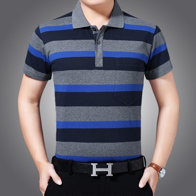 男士短袖T恤衫条纹翻领宽松休闲T恤商务休闲半袖T恤厂家直销
