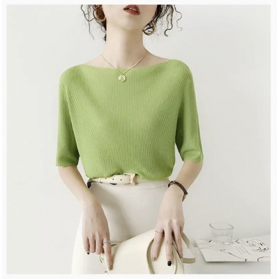 一字肩上衣女夏季2024新款内搭温柔风五分袖设计感小众冰丝针织衫