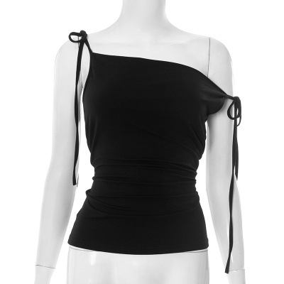 Y25TP154欧美女装夏季新款修身纯欲性感辣妹纯色收腰绑结吊带上衣