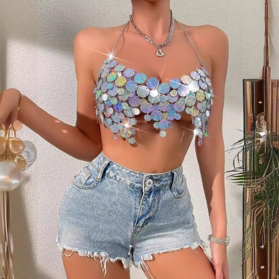 2024欧美新款ins工厂直销夜店性感亮片露背链条女装背心