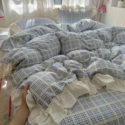 法式公主风皱皱纱床盖四件套复古格子荷叶花边被套夹棉床盖三件套