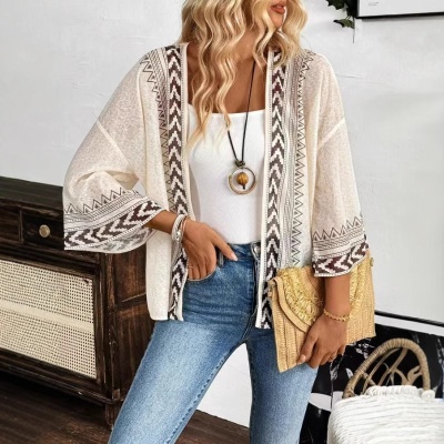 2025春夏欧美跨境亚马逊独立站wish新款女装优雅印花喇叭袖开襟衫