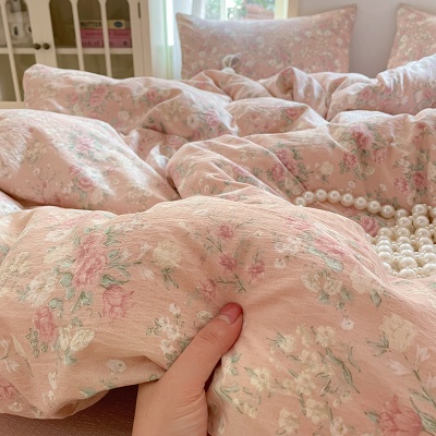 水洗棉双层纱床上四件套公主风全棉被套纯棉针织棉床单床品三件套