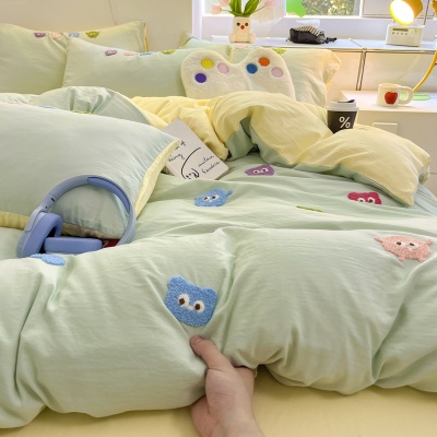 A类床品四件套纯色棉卡通毛巾绣被套亲肤水洗棉学生宿舍可爱套件