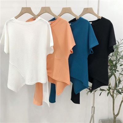 短袖t恤女夏装2024新款韩版纯色小心机设计感交叉不规则洋气上衣