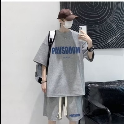 华夫格短袖短裤套装男夏季美式复古运动服大码男装搭配休闲两件套