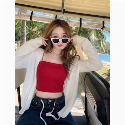 红色冰丝防晒针织开衫女夏天轻薄款小披肩外搭配吊带薄纱外套上衣