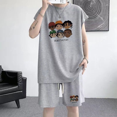 夏季新款大码男士运动套装华夫格潮无袖背心t恤百搭休闲两件套12