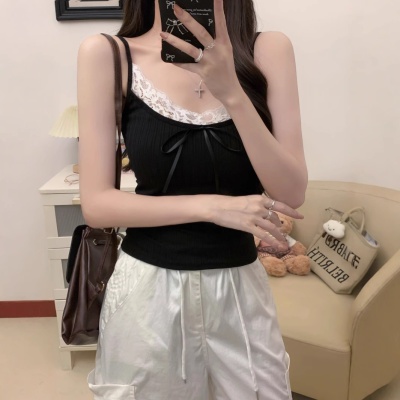 765#纯欲性感蕾丝拼接坑条吊带背心女带胸垫内搭修身显瘦打底衫