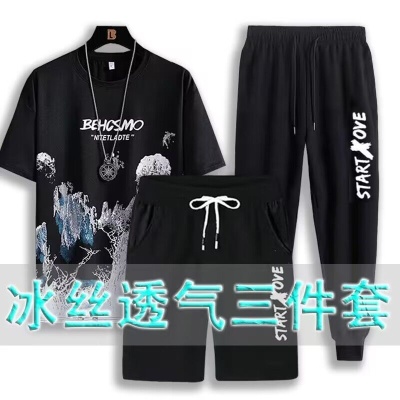 青年速干运动短裤三件套潮流短袖t恤夏季男士休闲薄款学生套装