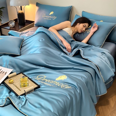 轻奢风水洗真丝冰丝刺绣天丝夏凉被三件套四件套空调被-滚边款