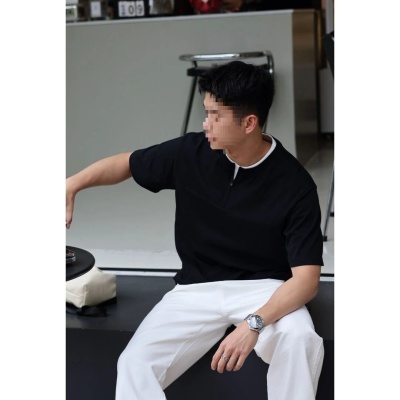 重磅新款半拉链短袖T恤男宽松简约小众设计拼接假两件半袖上衣服