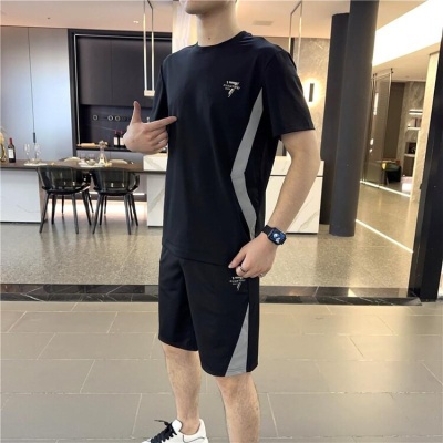 男士休闲运动套装时尚冰丝短袖短裤两件套透气跨境外贸