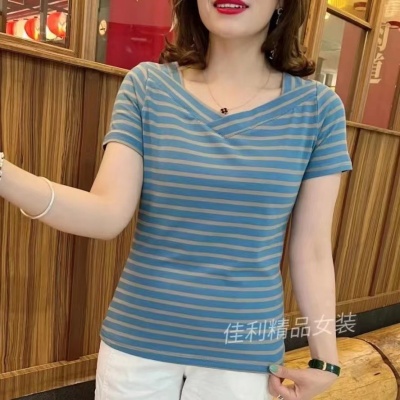 【实价】女士t恤短袖2023新款百搭显瘦宽松大码休闲条纹v领上衣女