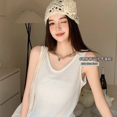 女华夫格微透宽肩带休闲背心夏季慵懒风外穿亚麻宽松v领内搭吊带