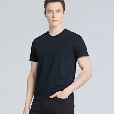 男式男装桑蚕丝T恤舒适天丝圆领短袖中老年男装爸爸装夏