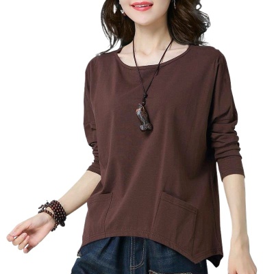 纯色大码女装设计感口袋长袖t恤女秋装2025新款宽松复古简约上衣