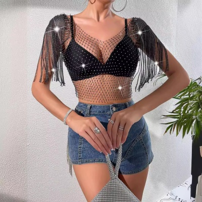 水钻性感渔网上衣欧美夏季亚马逊爆款网钻闪钻女装流苏披肩小背心