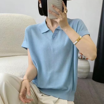 莱赛尔天丝POLO领短袖女宽松休闲t恤衫半袖透气薄款法式女装上衣