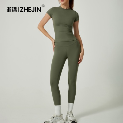 跨境欧美春夏款瑜伽套装短袖瑜伽裤套装女两件套高级感瑜伽服