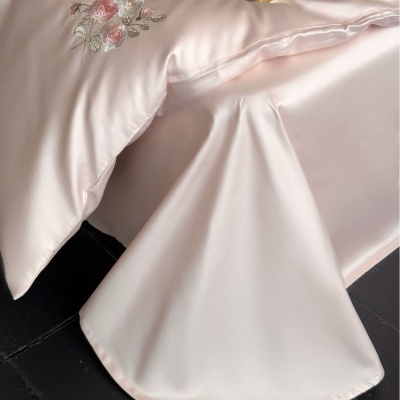 高端100S长绒棉精密刺绣四件套 少女心粉色纯棉被套床单床上用品