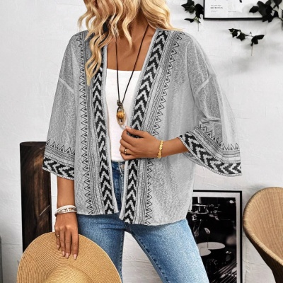 2025春夏欧美跨境亚马逊独立站wish新款女装优雅印花喇叭袖开襟衫