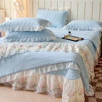 韩版水洗棉夏凉被床盖款四件套少女心空调水洗花边床裙夏被空调薄