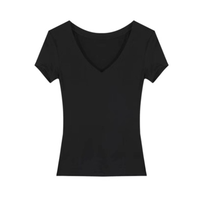 新款正肩v领短袖T恤女夏季2024新款内搭修身显瘦百搭辣妹短款上衣