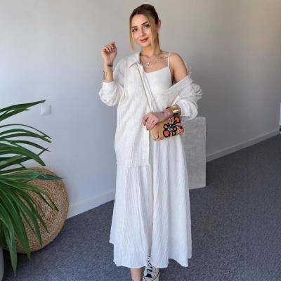 2025欧美跨境女装时尚休闲气质皱感宽松长袖衬衫加长款吊带两件套