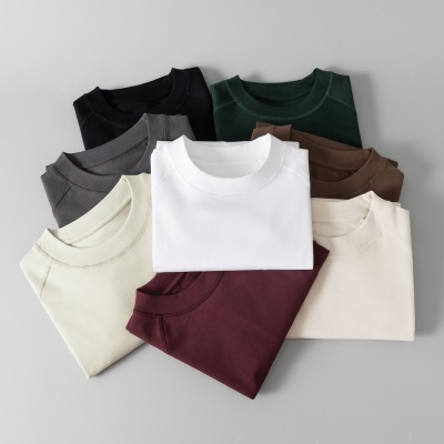 日系300克重磅插肩纯棉短袖t恤男高品质纯色宽松休闲上衣定制跨境