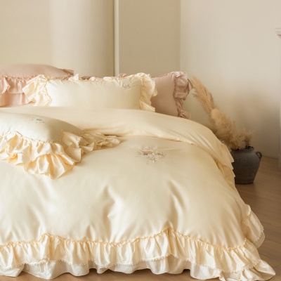 法式公主风贡缎全棉长绒棉四件套花边奶油风纯棉被套床单床上用品