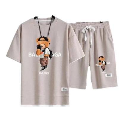 华夫格短袖t恤男士休闲运动套装批发夏季宽松假两件半袖T恤两件套