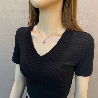 纯色螺纹V领短袖t恤女春夏2025年新款低领修身打底衫百搭显瘦上衣
