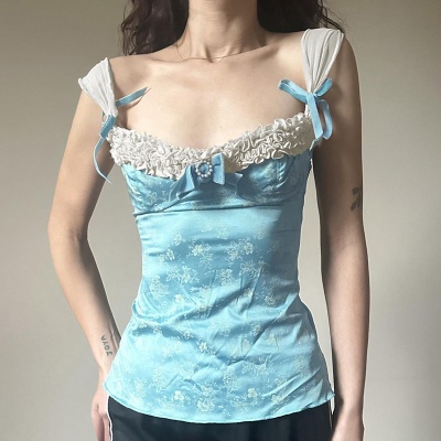 2025ins纯欲风性感辣妹蕾丝花边蝴蝶结印花收腰显瘦露背小背心女