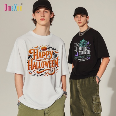 跨境新款万圣节图案男士上衣宽松圆领时尚男青少年潮男装短袖t恤
