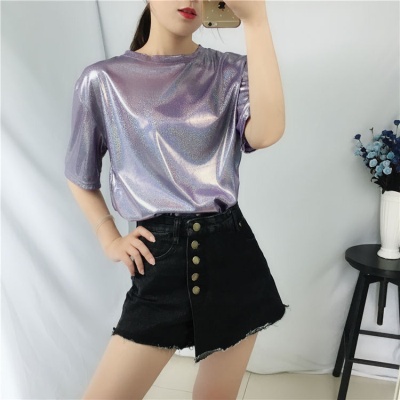 变色反光亮闪闪女装短袖T恤广场舞t恤宽松大码中长款闪光丝表演服