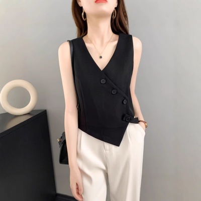 设计感短款小众黑色西装马甲背心女夏季外穿V领显瘦叠穿上衣外搭